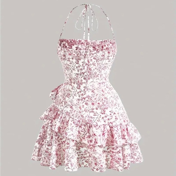 Floral Print Layered Ruffle Hem Halter Dress Sleeveless Dress Spring Summer NWOT - Picture 2 of 6